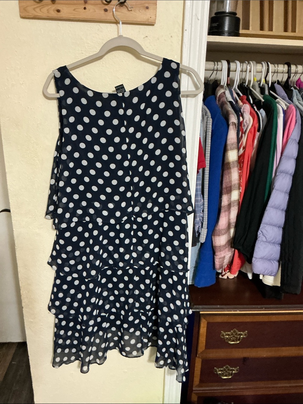 Robert Louis Cascading Ruffle Shift Dress Polka Dot Size Large